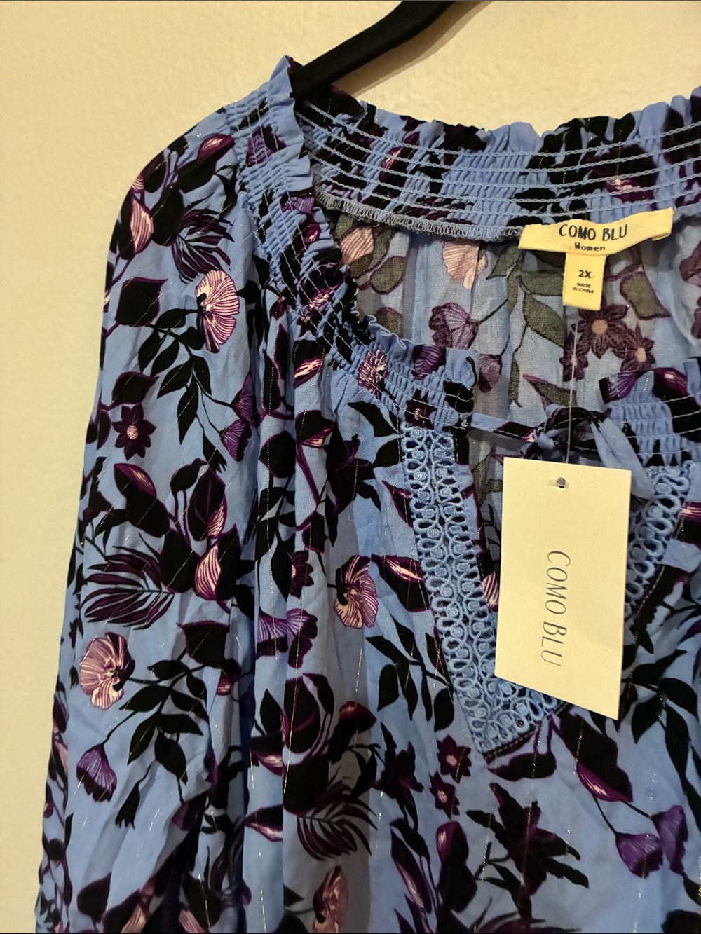 Light Blue Floral Smocked Neck Tunic Top by Como Blu - Picture 5 of 9